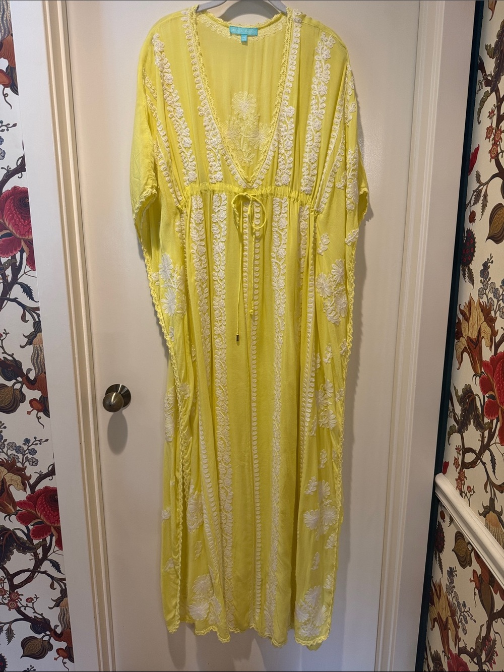Melissa Odabash Yellow kaftan with White Embroidery